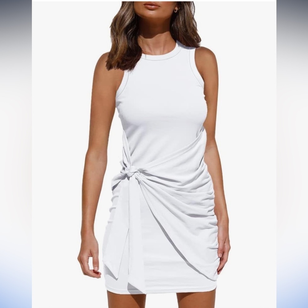 ILLUSORY Tank Dress Body-con Wrap Ruched Tie Waist White Women’s Size Medium.